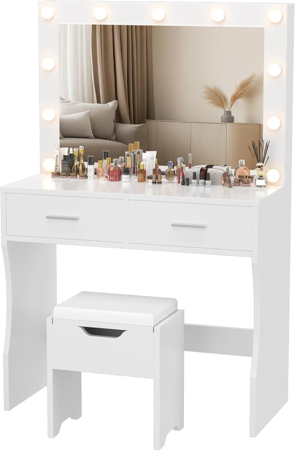 Table with Large Mirror and Stool, Vanity Table with Adjustable Brightnes, 3 Color LED Lights, 2 Large Drawers