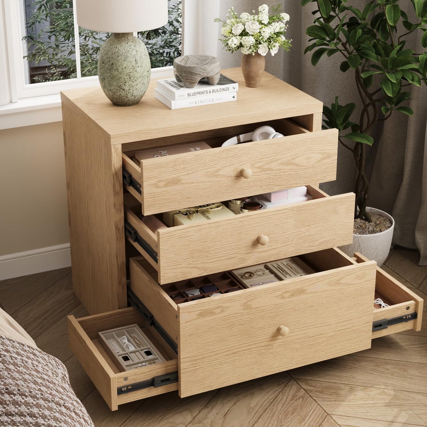 Bedside Table with Hidden Drawer, Modern Nightstand with 2 Large Drawers, Bedside Storage Cabinet