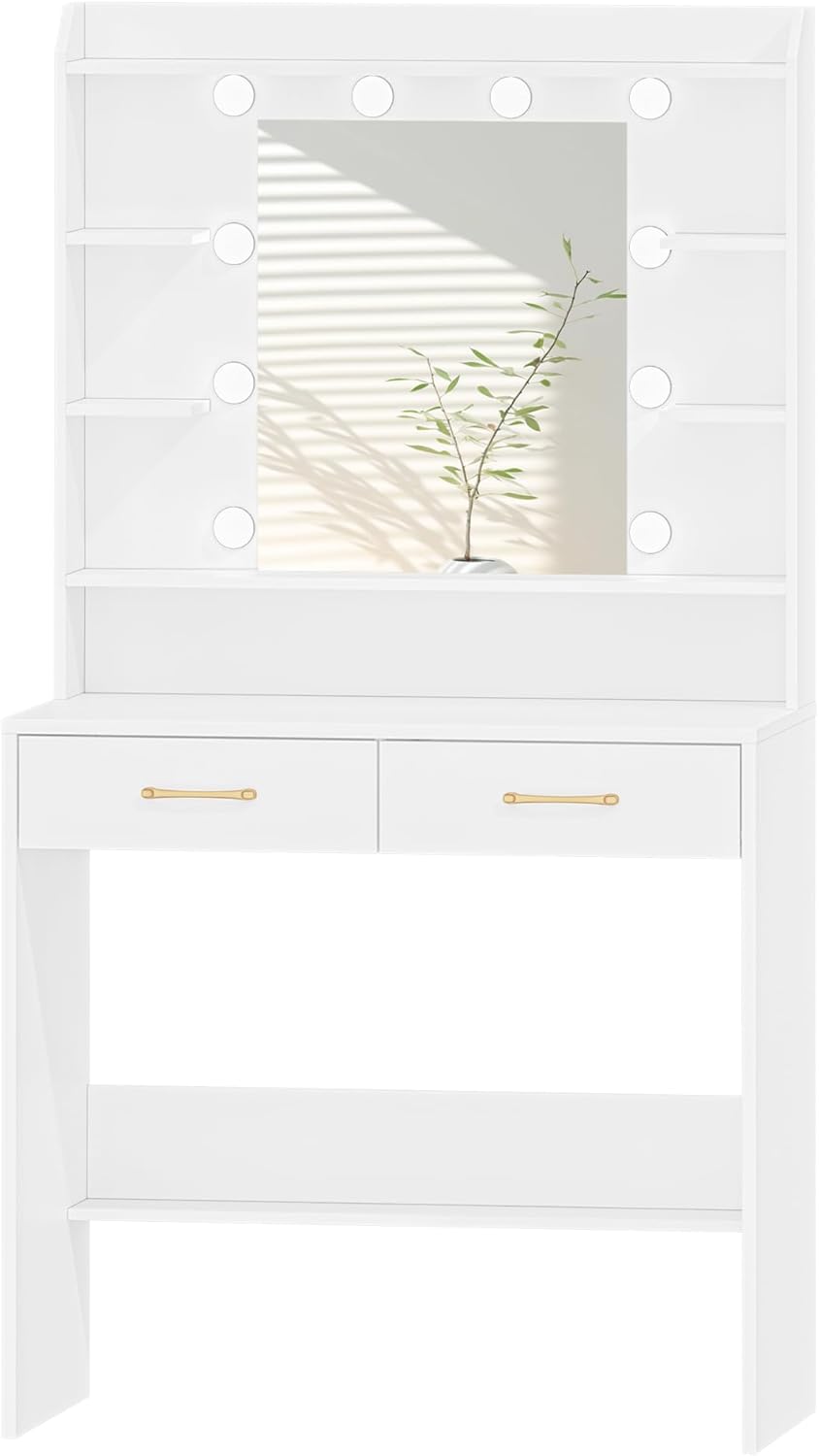 Vanity Desk with Adjustable Brightness, Vanity Table with Shelves and 2 Drawers, for Bedroom