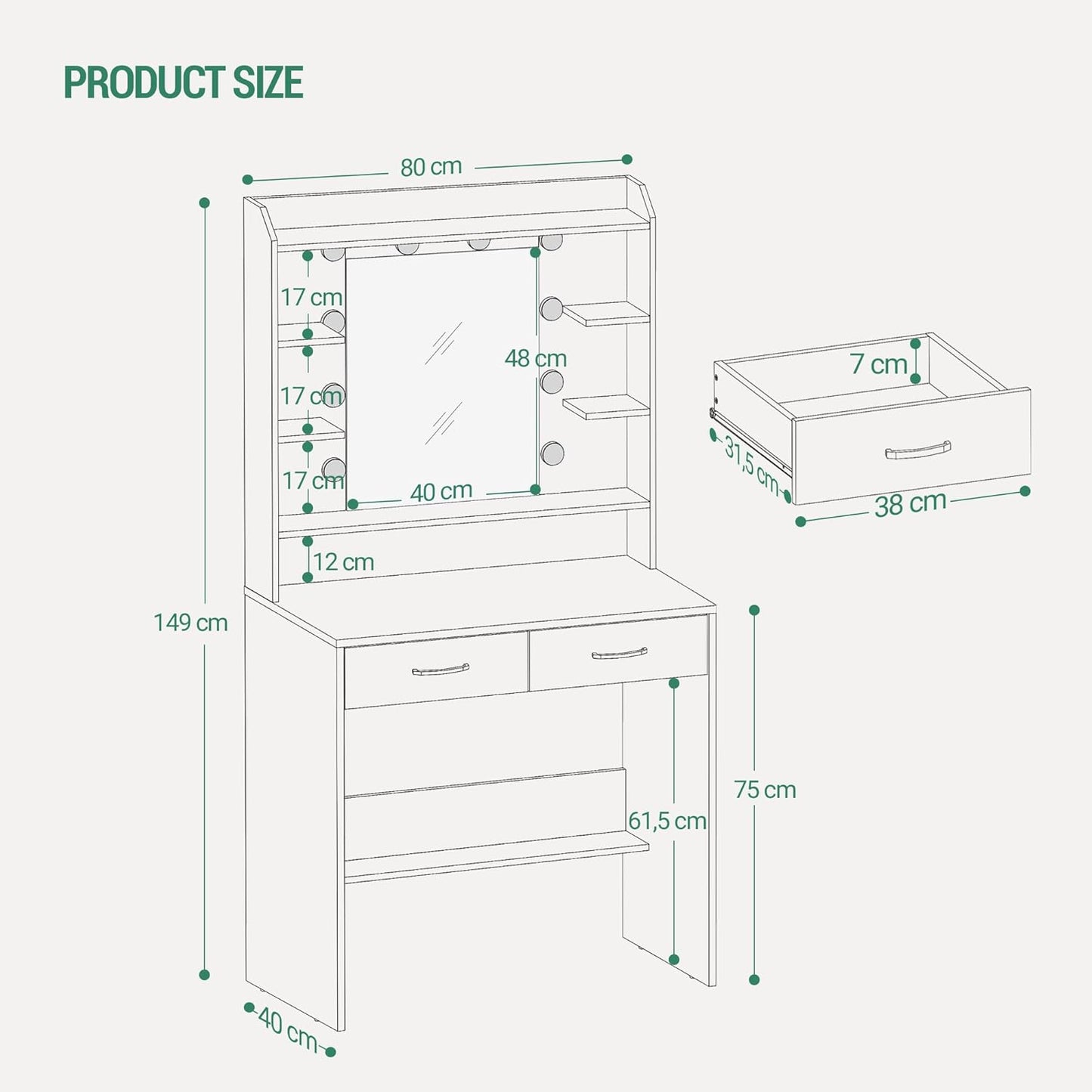 Vanity Desk with Adjustable Brightness, Vanity Table with Shelves and 2 Drawers, for Bedroom