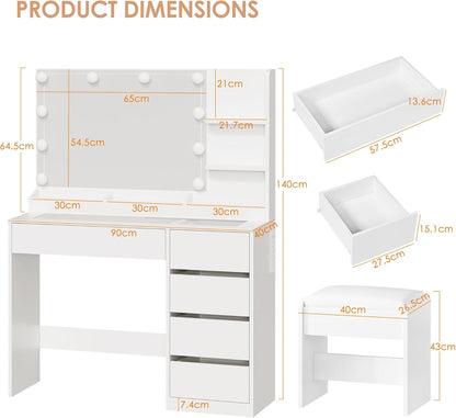 Large Mirror and Lights 3-Colour LED Adjustable Brightness Glass Top Vanity Table with Plug and Stool 5 Drawers
