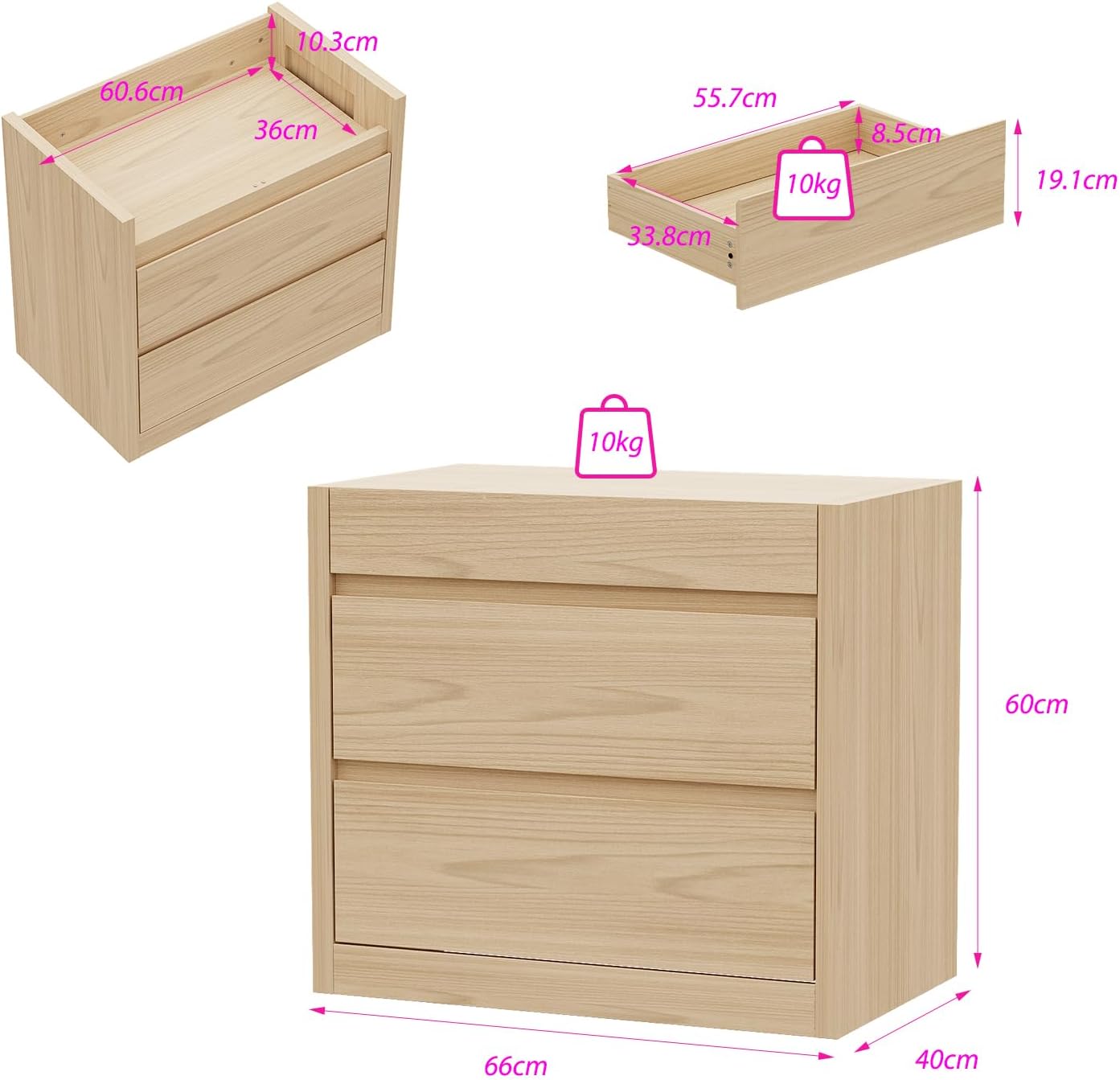 Bedside Table with Hidden Drawer, Modern Nightstand with 2 Large Drawers, Bedside Storage Cabinet