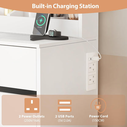 Large Mirror and Lights 3-Colour LED Adjustable Brightness Glass Top Vanity Table with Plug and Stool 5 Drawers