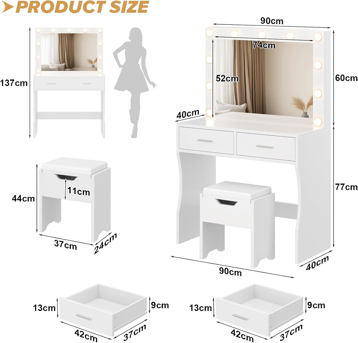 Table with Large Mirror and Stool, Vanity Table with Adjustable Brightnes, 3 Color LED Lights, 2 Large Drawers