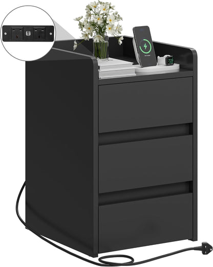 Bedside Table with 3 Drawers and Power Station, Modern Nightstand End Table