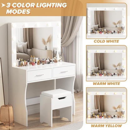 Table with Large Mirror and Stool, Vanity Table with Adjustable Brightnes, 3 Color LED Lights, 2 Large Drawers