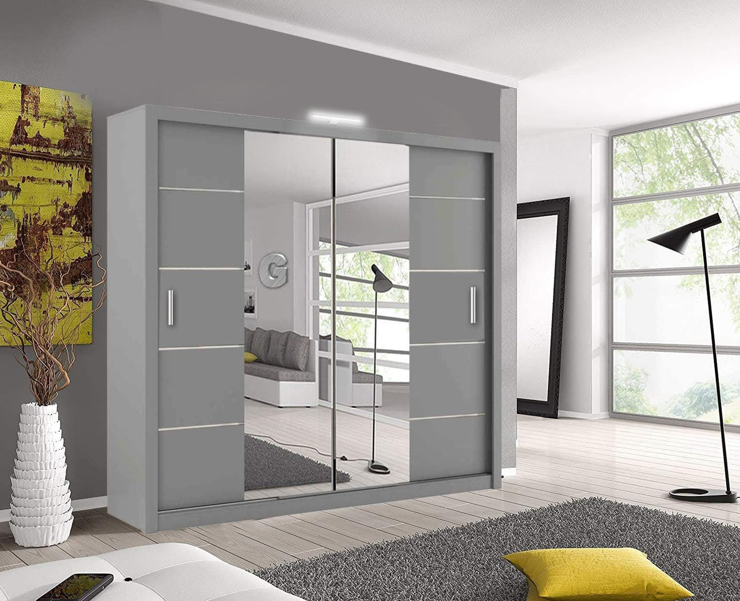 Modern Mirror sliding door wardrobe with LED Light Width 150cm/180cm/203cm