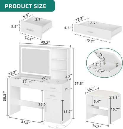 Glass Top Vanity Table Makeup Desk with 3 Drawers and Storage Cabinets, White Bedroom Dressing Tables with Mirror