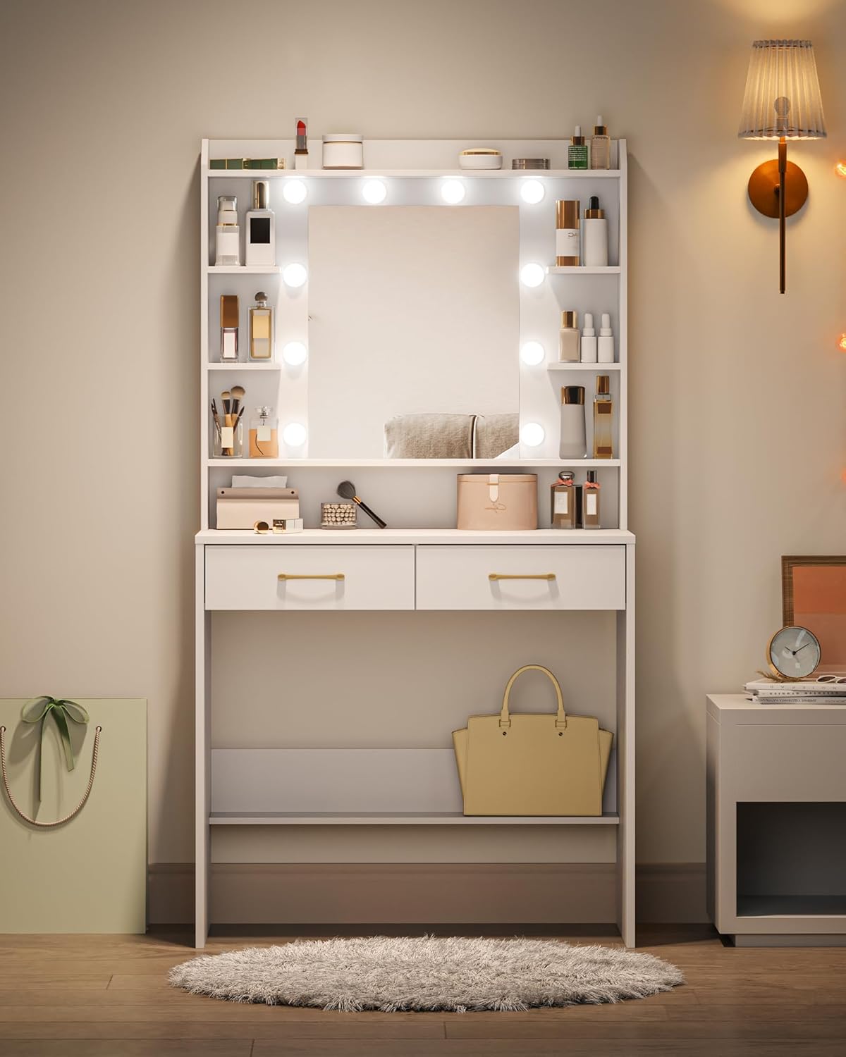 Vanity Desk with Adjustable Brightness, Vanity Table with Shelves and 2 Drawers, for Bedroom