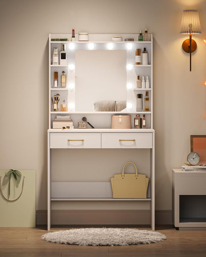 Vanity Desk with Adjustable Brightness, Vanity Table with Shelves and 2 Drawers, for Bedroom