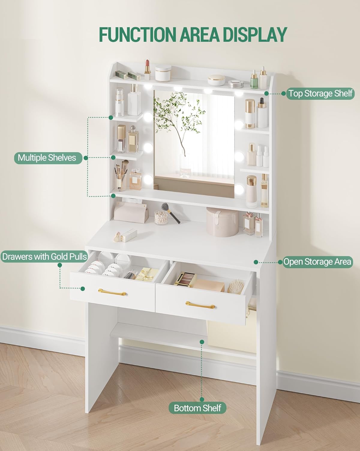 Vanity Desk with Adjustable Brightness, Vanity Table with Shelves and 2 Drawers, for Bedroom