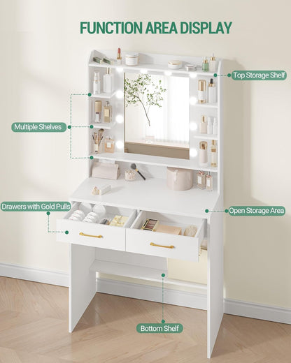 Vanity Desk with Adjustable Brightness, Vanity Table with Shelves and 2 Drawers, for Bedroom