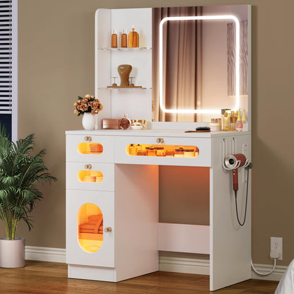 Glass Top Vanity Table Makeup Desk with 3 Drawers and Storage Cabinets, White Bedroom Dressing Tables with Mirror