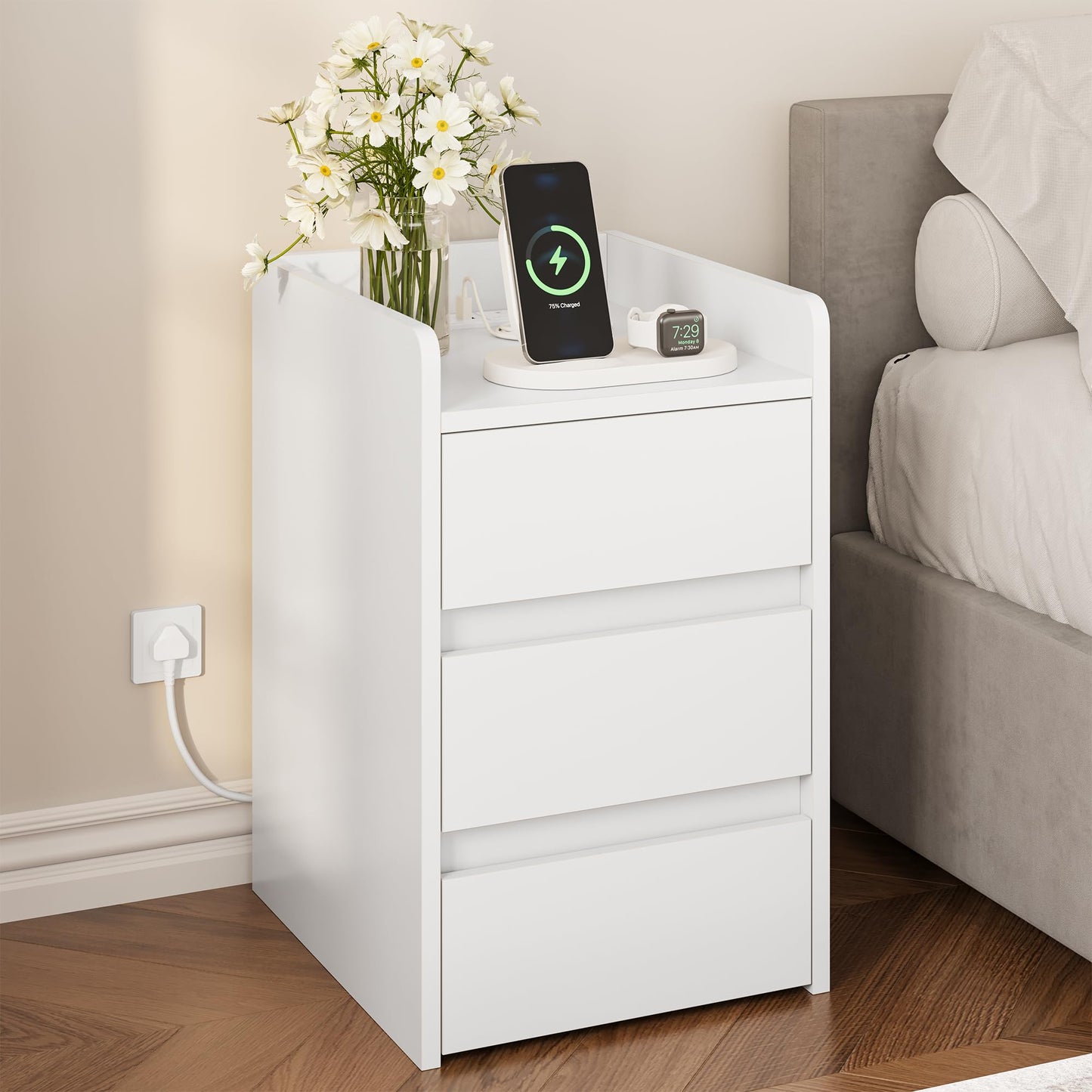 Bedside Table with 3 Drawers and Power Station, Modern Nightstand End Table