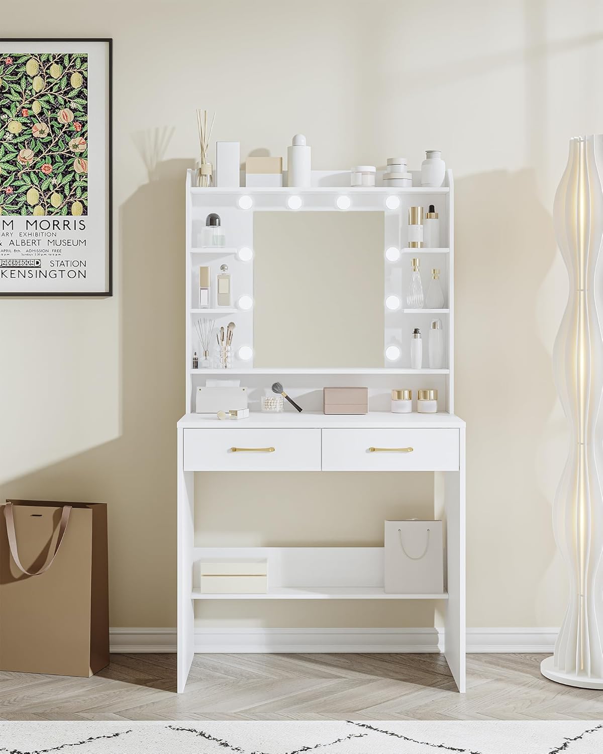 Vanity Desk with Adjustable Brightness, Vanity Table with Shelves and 2 Drawers, for Bedroom