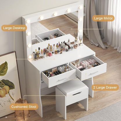 Table with Large Mirror and Stool, Vanity Table with Adjustable Brightnes, 3 Color LED Lights, 2 Large Drawers