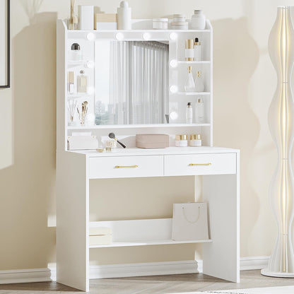 Vanity Desk with Adjustable Brightness, Vanity Table with Shelves and 2 Drawers, for Bedroom