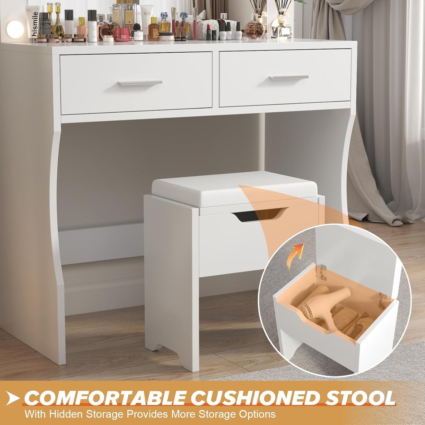 Table with Large Mirror and Stool, Vanity Table with Adjustable Brightnes, 3 Color LED Lights, 2 Large Drawers