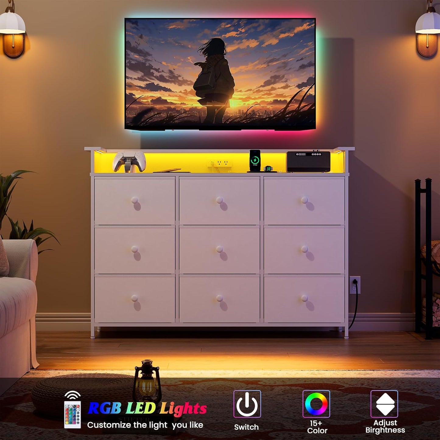 Dresser with LED Light,TV Stand for Bedroom with Charging Station,Fabric Drawer for Hallway