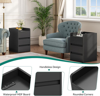 Bedside Table with 3 Drawers and Power Station, Modern Nightstand End Table