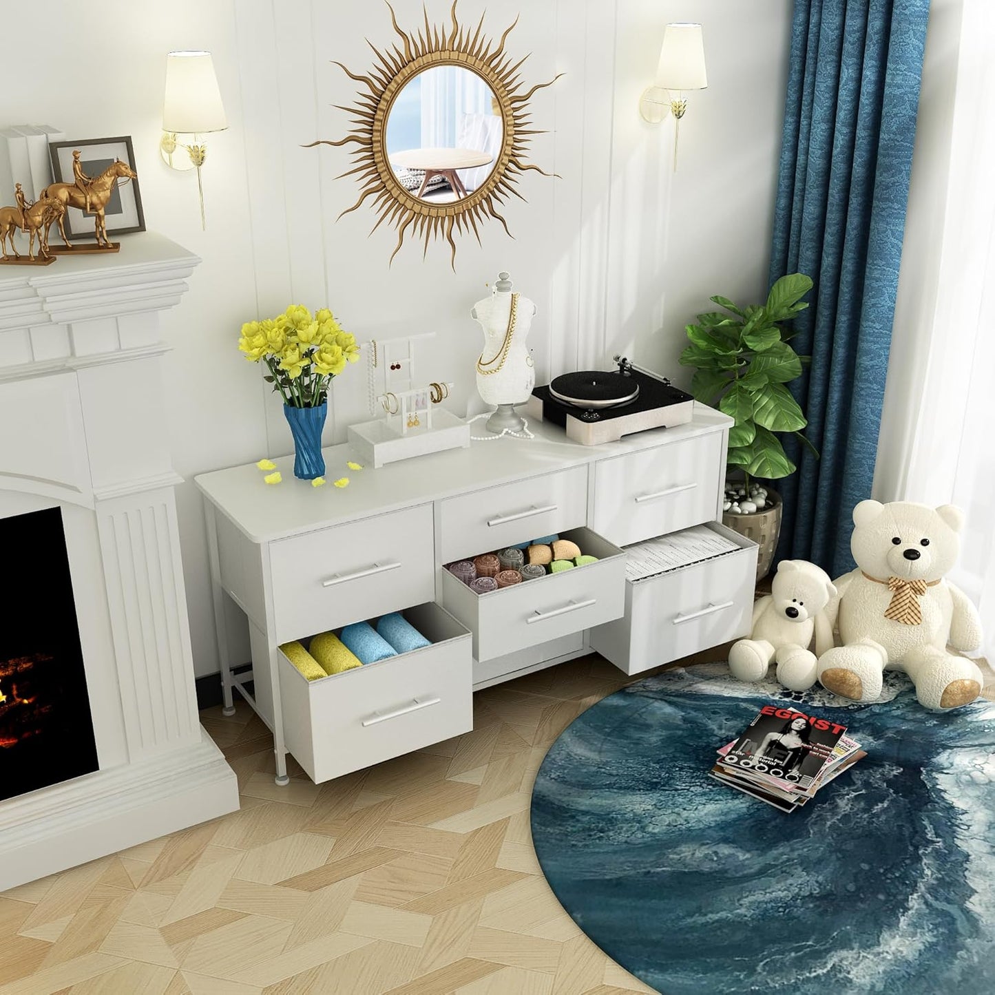 Dresser for Bedroom with 7 Fabric Drawers, TV Stand on Castors, Storage Organizer for Living Room