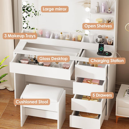 Large Mirror and Lights 3-Colour LED Adjustable Brightness Glass Top Vanity Table with Plug and Stool 5 Drawers