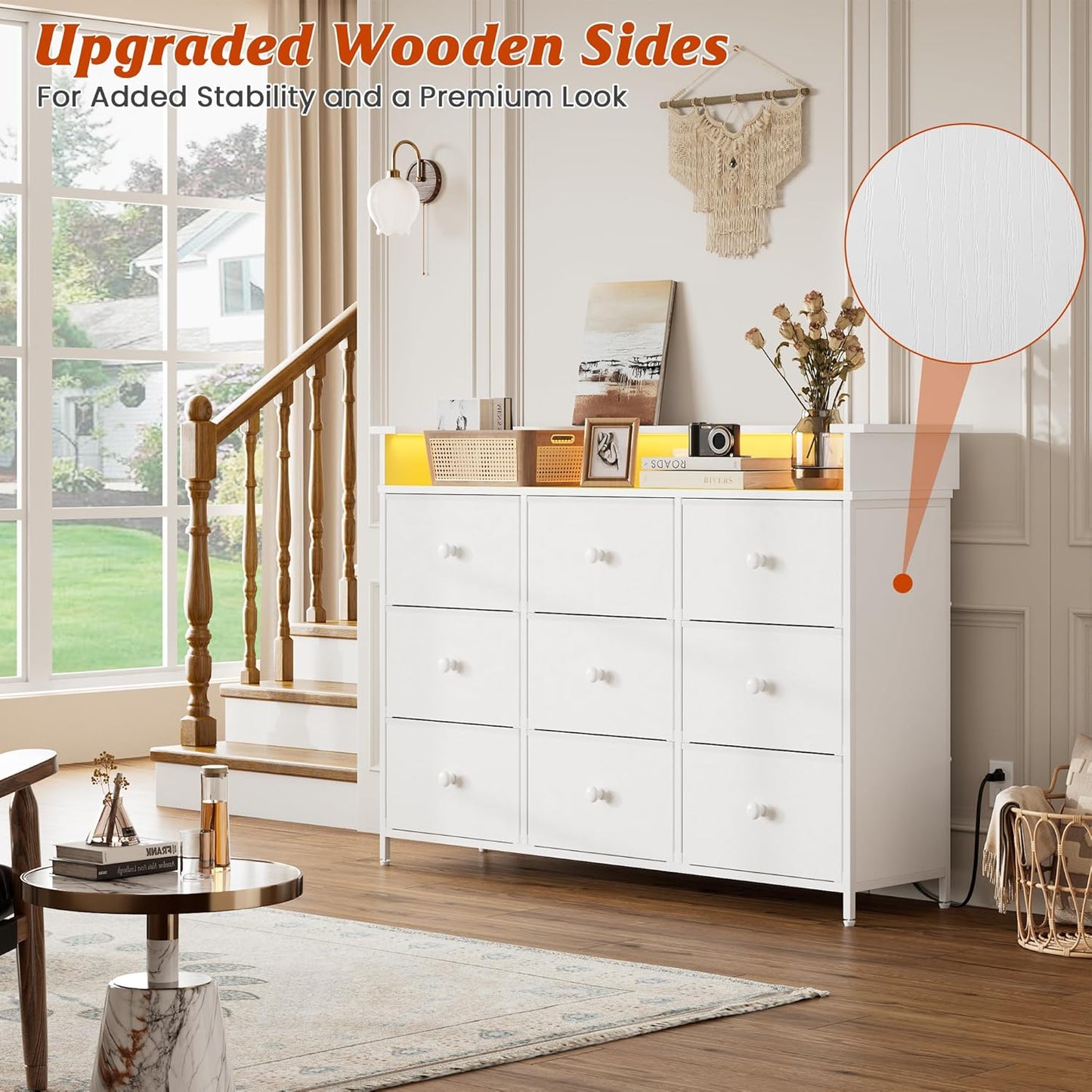 Dresser with LED Light,TV Stand for Bedroom with Charging Station,Fabric Drawer for Hallway