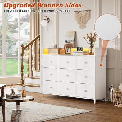 Dresser with LED Light,TV Stand for Bedroom with Charging Station,Fabric Drawer for Hallway