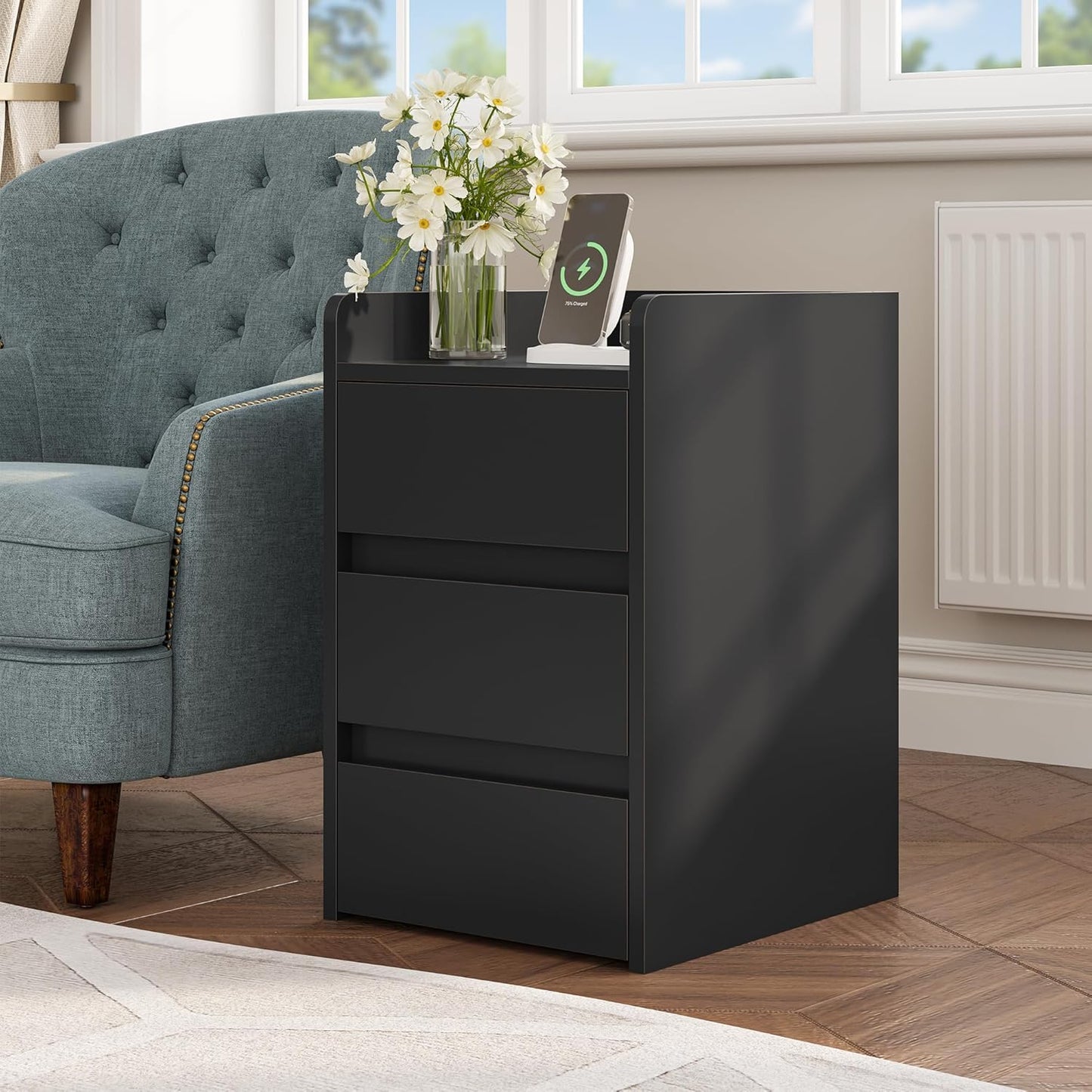 Bedside Table with 3 Drawers and Power Station, Modern Nightstand End Table