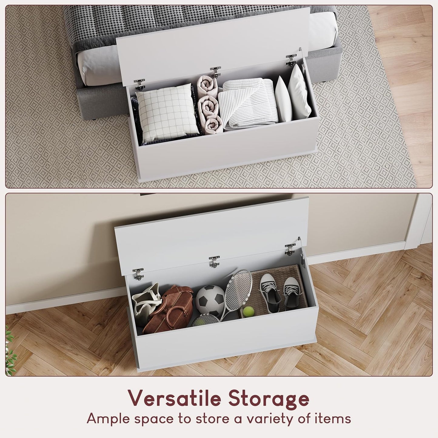 Storage Ottoman, Wooden Chest with Lid, Seat, Stool, Window Bench, Blankets, Bedding