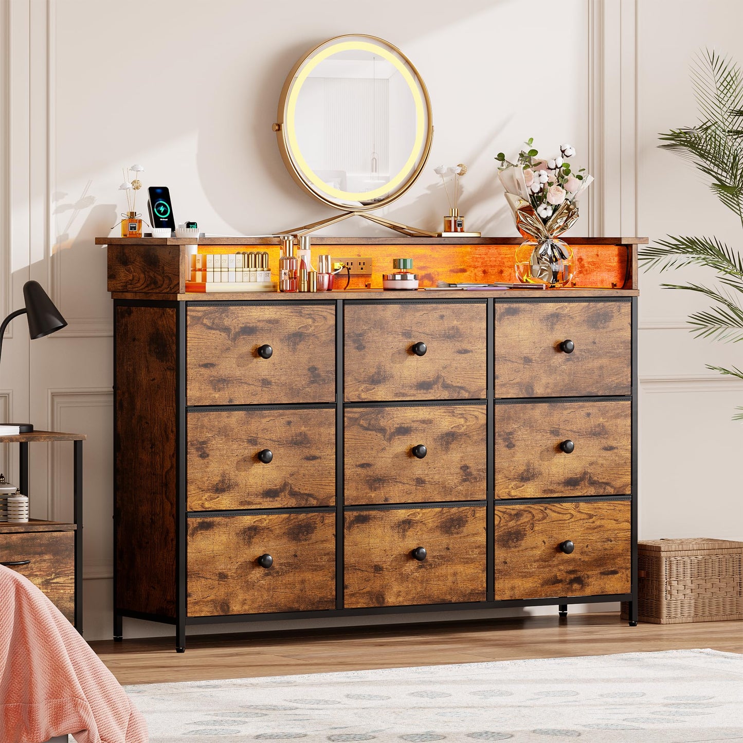 Dresser with LED Light,TV Stand for Bedroom with Charging Station,Fabric Drawer for Hallway